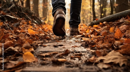 wandering feet on wet ground with fallen leaves in autumn
