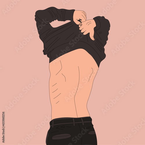 illustration a man takes off his pink shirt gray trousers purple purple background sexually naked torso a man undresses