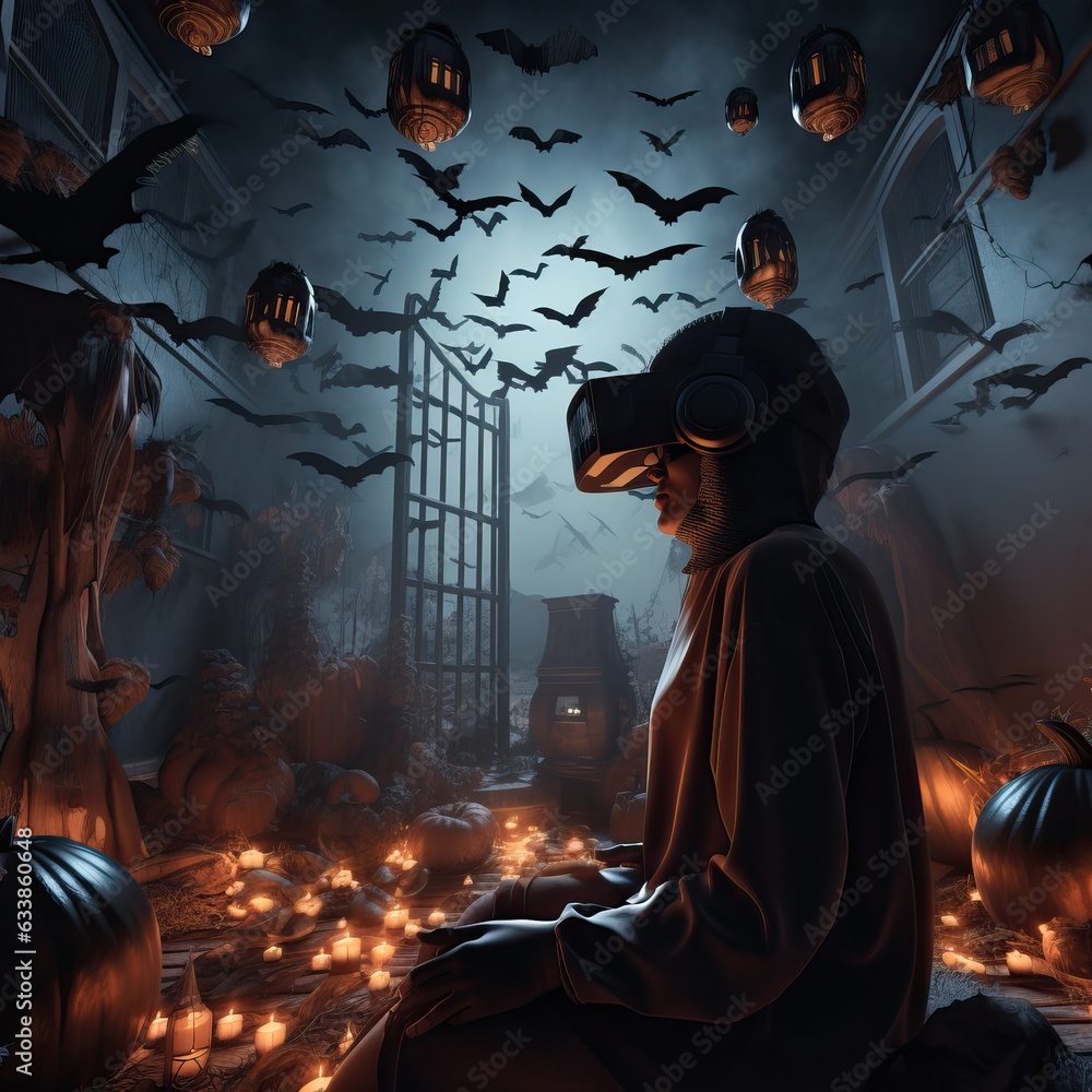 Halloween virtual reality party with vr glasses. Additional reality, ar technology - woman in scary virtual house with horror pumpkins and bats
