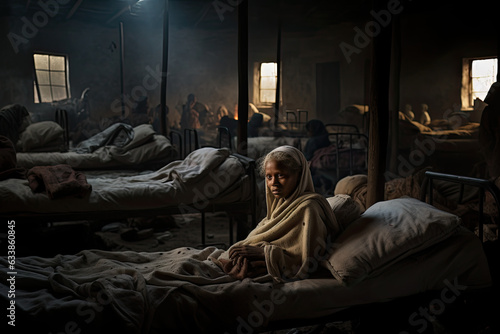 Blur hospital Background with old elder patient on bed in hospital Poor healthcare treatment service for illness sick people with support from professional nurse and doctor photo