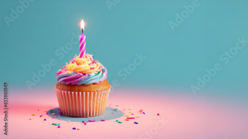 Cupcake mit Kerze zum Geburtstag, Geburtstagskarte, Platz für Text, generative AI