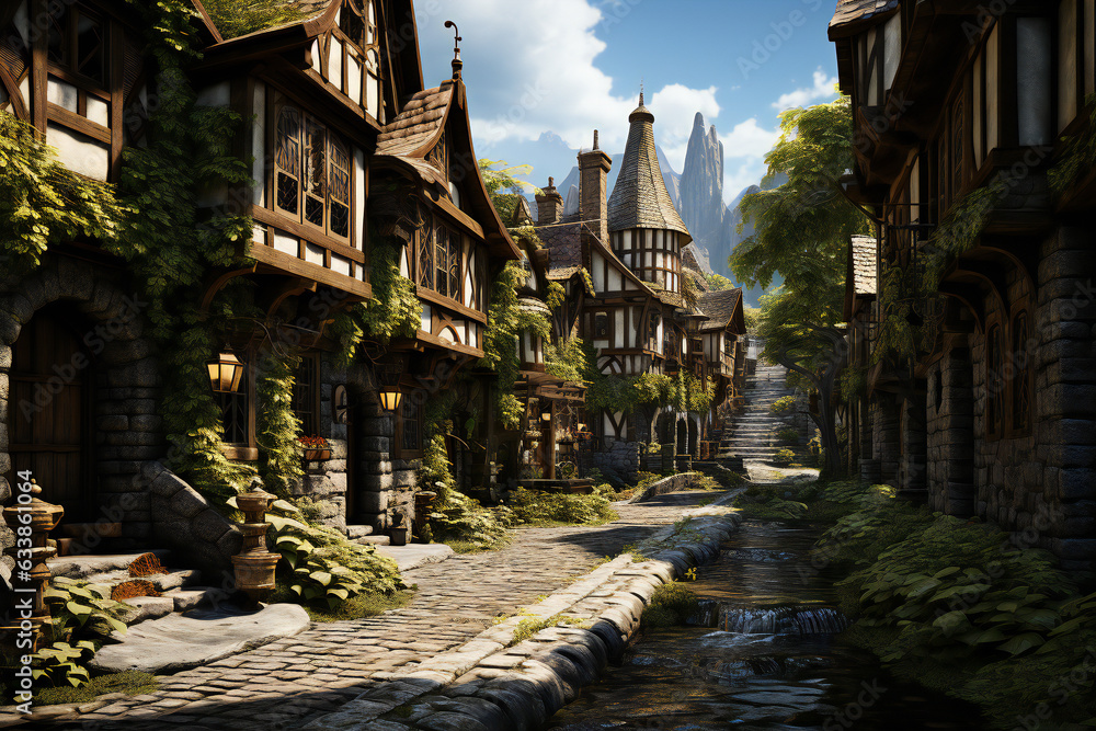Fototapeta premium Fantasy Landscape Mysterious and Enchanted Realm: Explore an Otherworldly Landscapes with Mythical Castles and Whimsical Forests in a Quest for a Mystical Creature and Legendary Runes View Scenery