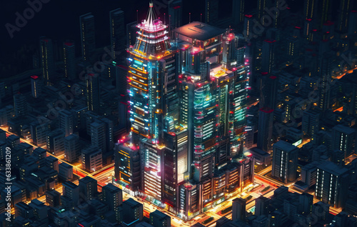 Isometric drone view of a modern building at night created with Generative AI technology