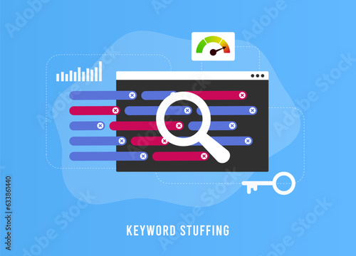 Keyword Spamming or stuffing - SEO Ranking Factor concept. Keyword stuffing checker service. Search Engine Marketing Vector illustration concept