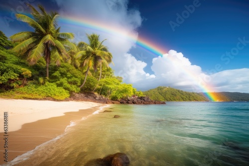 A tropical beach with a rainbow and rocks.