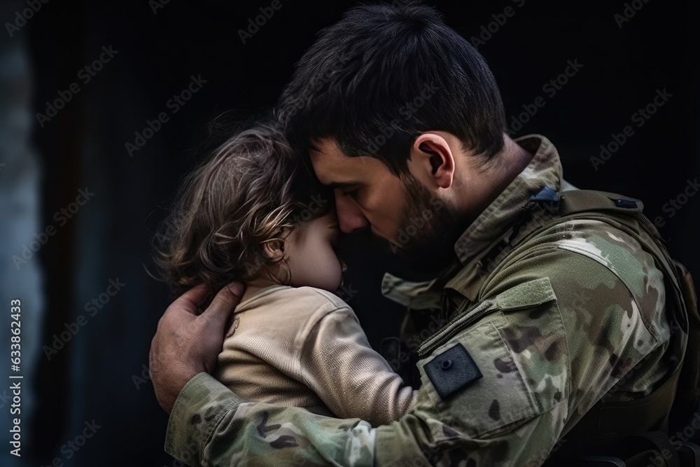Brave soldier tenderly holds a small child in their arms Brave soldier tenderly holds a small child in their arms