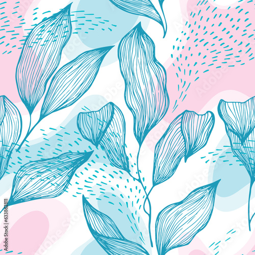 Sketch style doodle line texture leaves over stains and dots seamless vector ...