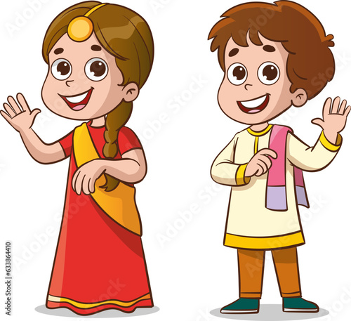 Indian boy and girl in traditional clothes. Vector illustration of a cartoon character.