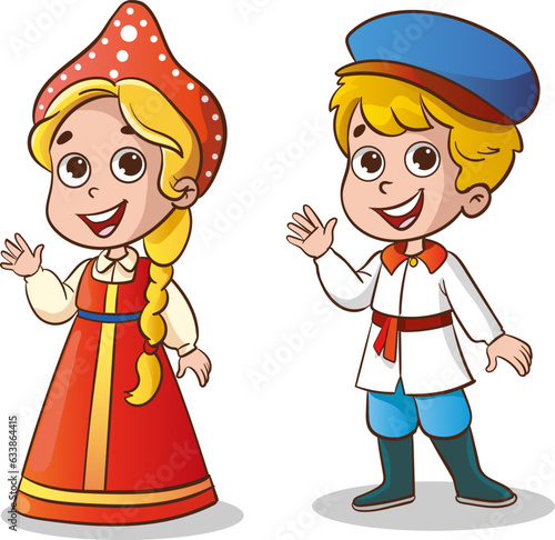 Vector illustration of a boy and girl dressed in traditional russian clothes
