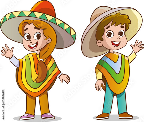 Mexican kids in poncho and sombrero vector illustration