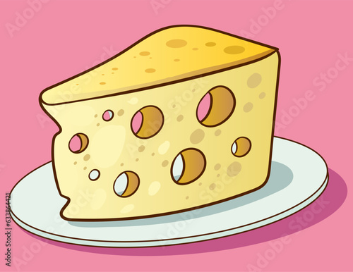 Illustration of a piece of cheese on a white plate on a pink background