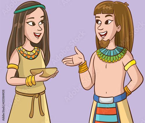 Cartoon illustration of young woman and man in traditional costume of ancient Egypt