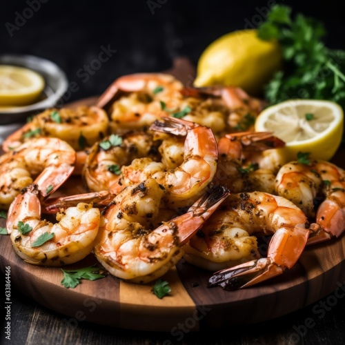 platter of grilled shrimp with lemon and garlic