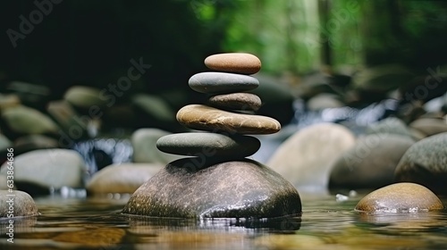 Stones on river symbolize meditation  balance  relaxation  and peace.  Generative AI 