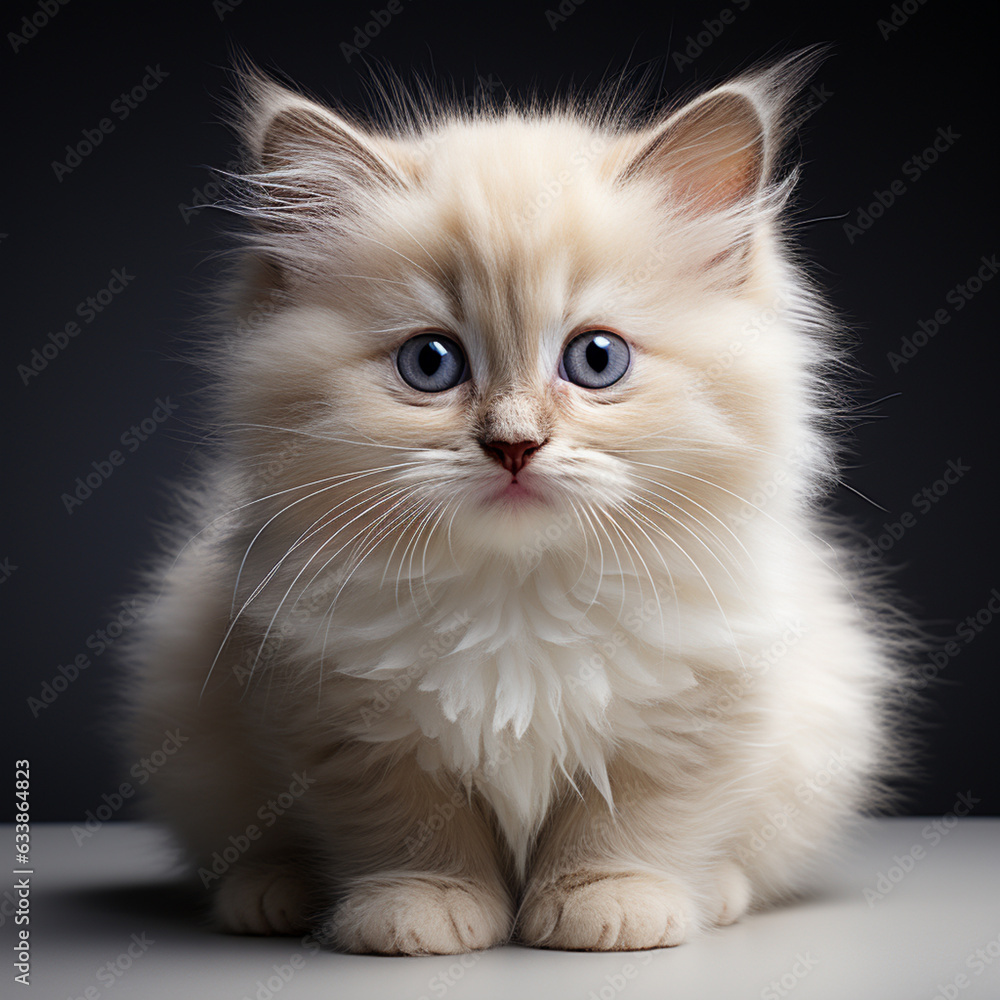 a small white beige kitten sitting down, light gray and brown.