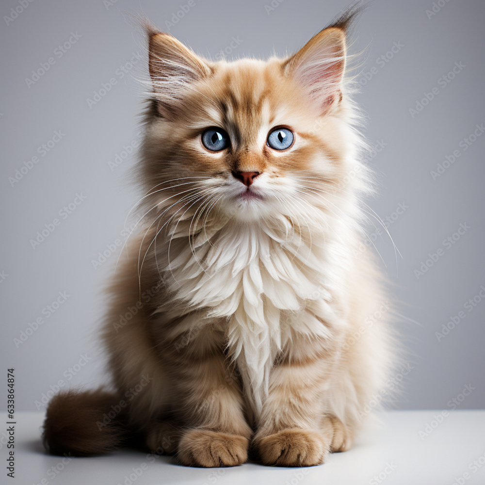 a small white beige kitten sitting down, light gray and brown.