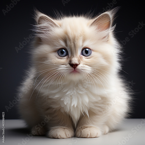 a small white beige kitten sitting down, light gray and brown.