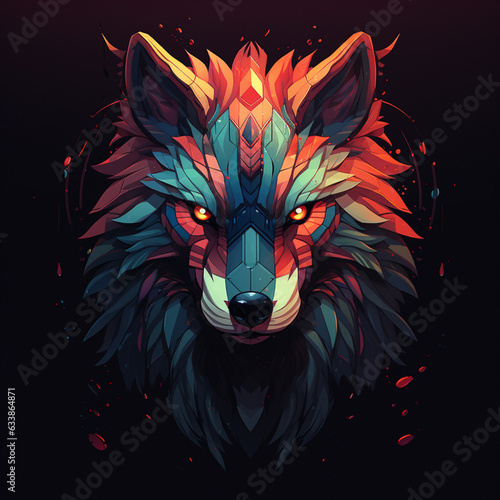 colrful wolf head  on blacklit room, in the style of colorful layered forms and conceptual art pieces photo