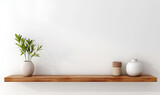 Wood floating shelf on wall. Bohemian Interior design of modern room. living room design and decoration - Generative AI