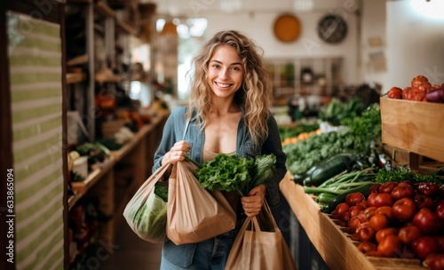 Woman in green supermarket buys groceries. Zero waste shop. Eco-friendly reusable bags with vegetables. photo