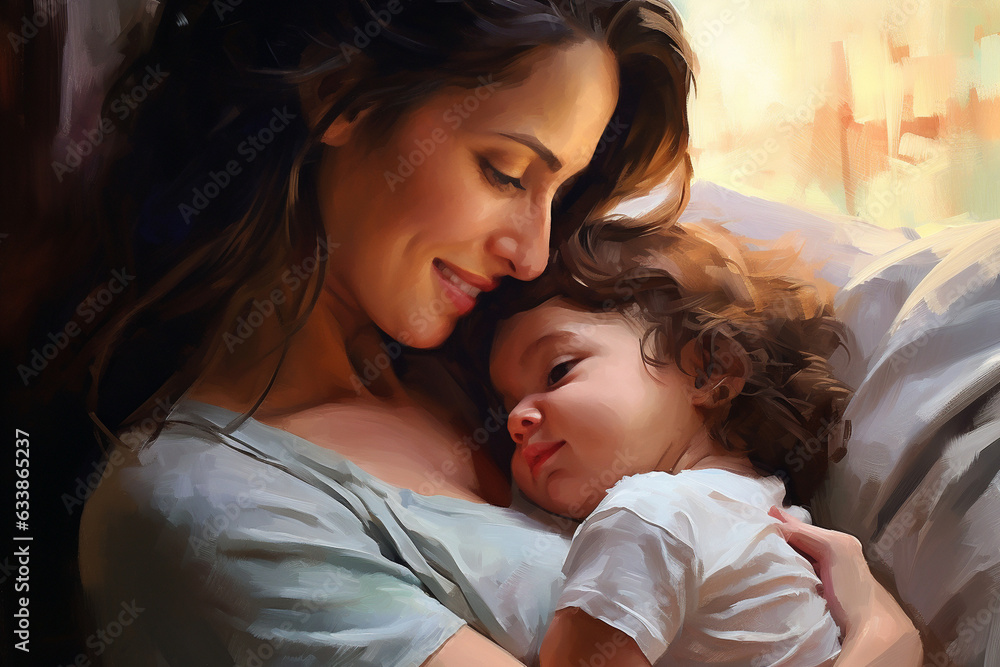 The breathtaking realism of a mother's loving smile as she gazes down at her baby, their connection palpable and heartwarming The breathtaking realism of a mother's loving smile as she gazes down at her baby, their connection palpable and heartwarming
