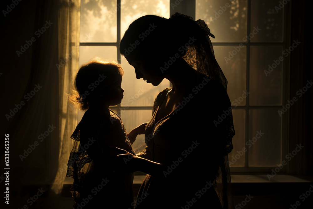 An awe-inspiring image of a mother and baby captured in silhouette against a window, the soft light accentuating their connection 