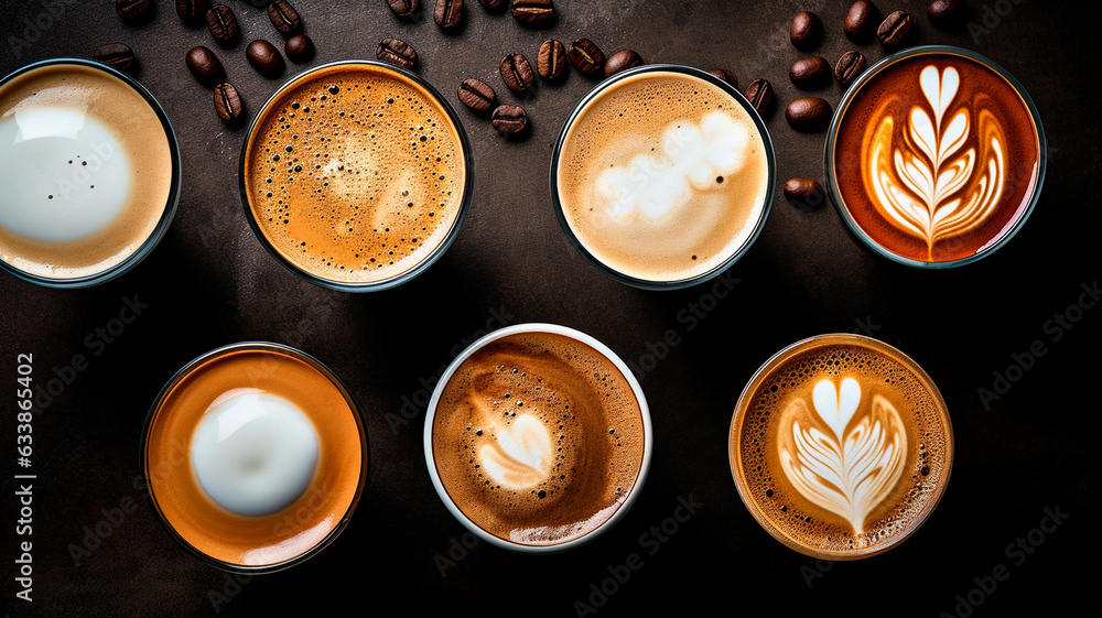 set of cups with coffee beans and coffee on black background set of cups with coffee beans and coffee on black background