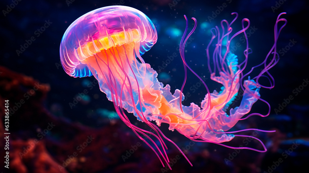 Fototapeta premium neon glowing jellyfish, underwater background