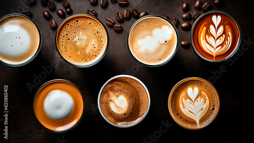 set of cups with coffee beans and coffee on black background