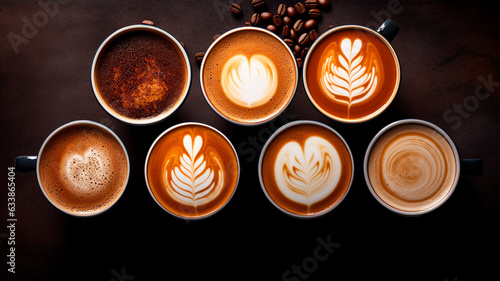 set of cups with coffee beans and coffee on black background