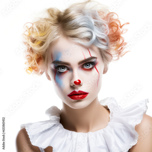 Female Clown from a circus in a colorful and fun costume. Isolated on white background.