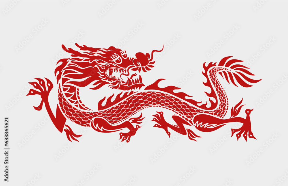 Fototapeta premium Big set of Traditional Chinese Dragon for tattoo design. Happy Chinese New Year 2024 year of the dragon zodiac sign with asian elements black paper cut style. Collection of modern vector illustration.