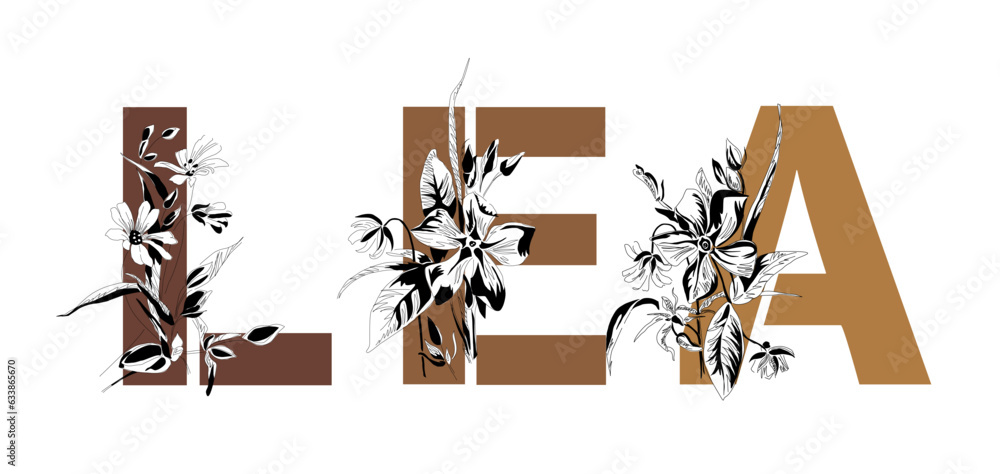 Woman's name Lea. Font composition named LEA. Decorative floral font. Typography in the style of art nouveau, modern, vintage.	
 - obrazy, fototapety, plakaty 