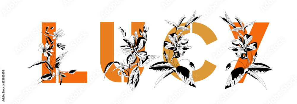 Woman's name LUCY. Font composition named Lucy. Decorative floral font. Typography in the style of art nouveau, modern, vintage.	

