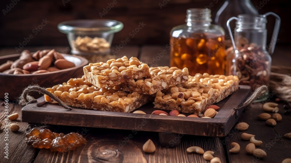 A tray of peanut brittle with a variety of nuts