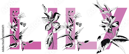 Woman's name Lily. Font composition named LILY. Decorative floral font. Typography in the style of art nouveau, modern, vintage.	
