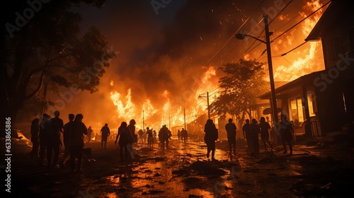 Fotografia, Obraz People fleeing from the fire, depicting a scene of urgency and escape as they seek safety from the raging blaze