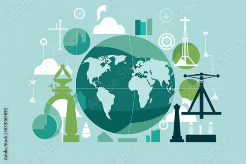 Elements of environmental impact assessment, ecology law, natural resources law, climate law, and policies aimed at lowering greenhouse gas emissions. Vector graphic