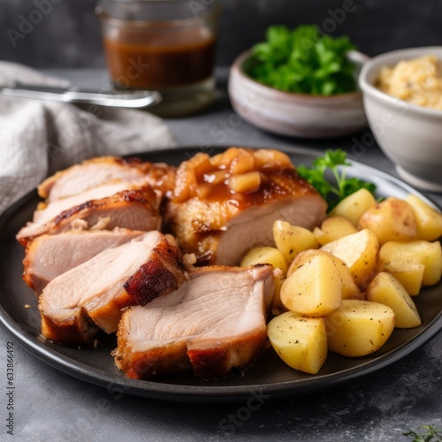 A plate of roasted pork with applesauce and potatoes