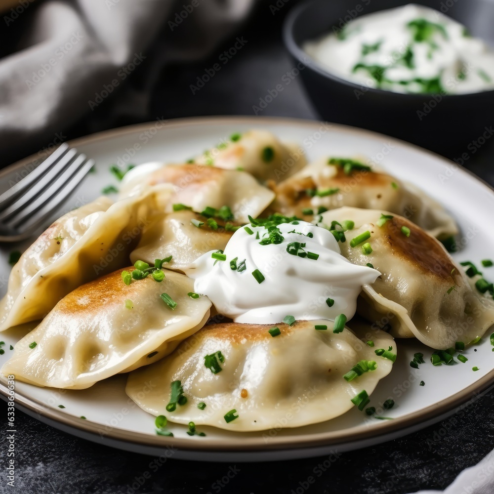 A plate of homemade pierogi with sour cream and chives A plate of homemade pierogi with sour cream and chives