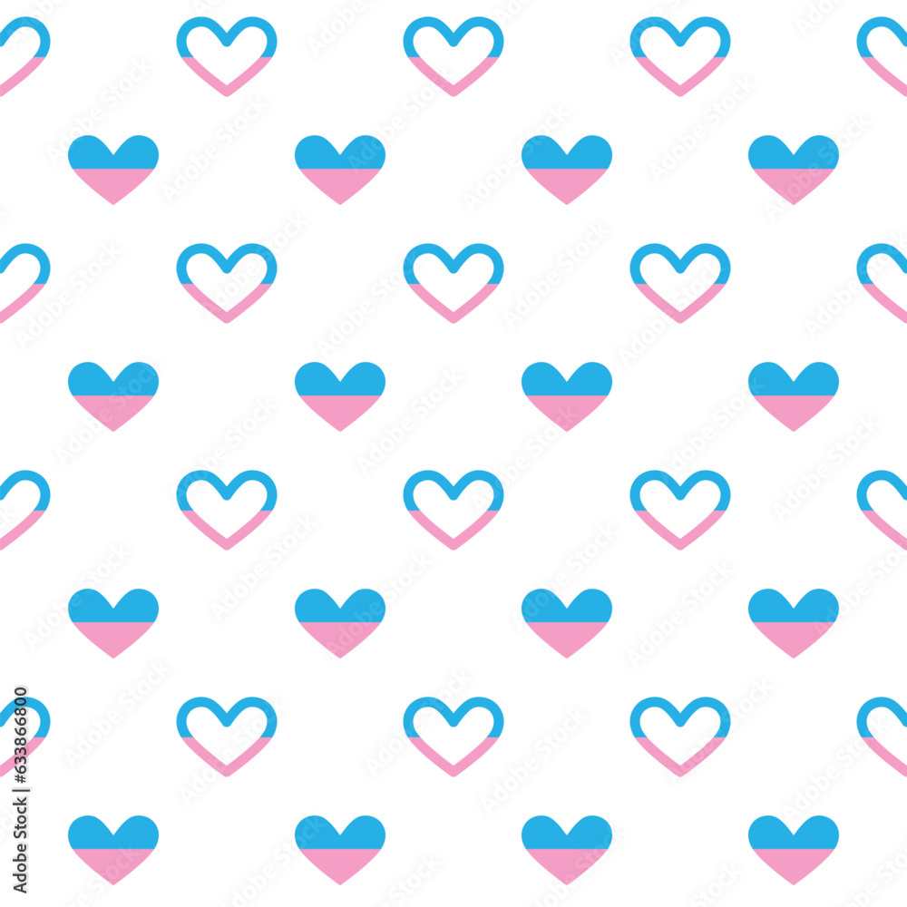 Pink and blue heart seamless pattern on white background Vector, 80s Art Style