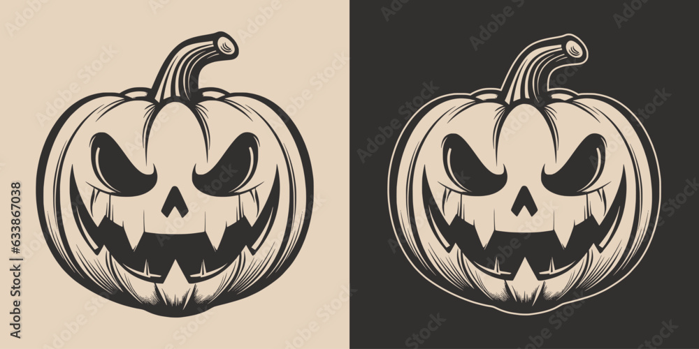 Fototapeta premium Set of scary spooky boo Halloween pumpkin lantern monster. Traditional autumn october american holiday symbol. Graphic Art Illustration