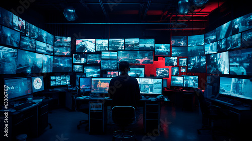 male hacker in a room in front of monitors