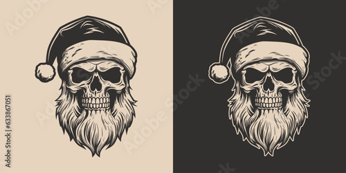 Set of vintage retro tattoo bad scary horror spooky skull skeleton santa claus in hat. Merry christmas xmas new year holiday halloween poster. Graphic Art. Engraving vector style illustration art © Graphic Warrior