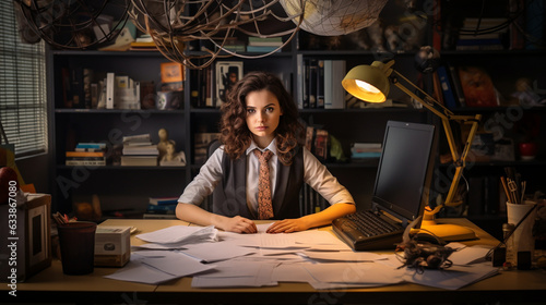 The young girl in an office environment, her desk adorned with papers and a sleek laptop 