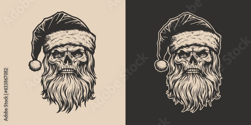 Set of vintage retro tattoo bad scary horror spooky skull skeleton santa claus in hat. Merry christmas xmas new year holiday halloween poster. Graphic Art. Engraving vector style illustration art photo