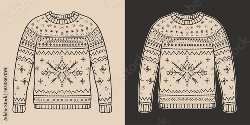 Vintage retro xmas christmas ugly cozy hipster sweater pullover cloth. Can be used for logo or decoration. Monochrome Graphic Art. Vector. Hand drawn element in engraving. illustration