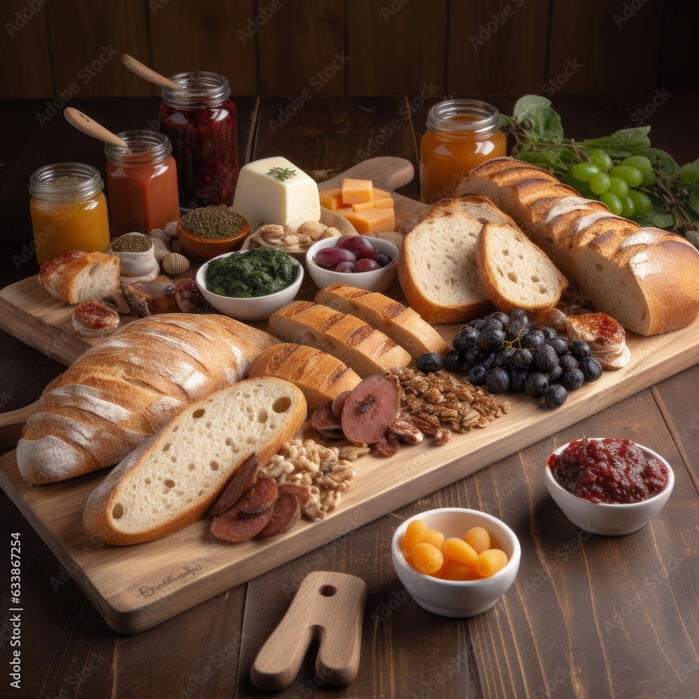A large wooden board with different types of artisanal bread