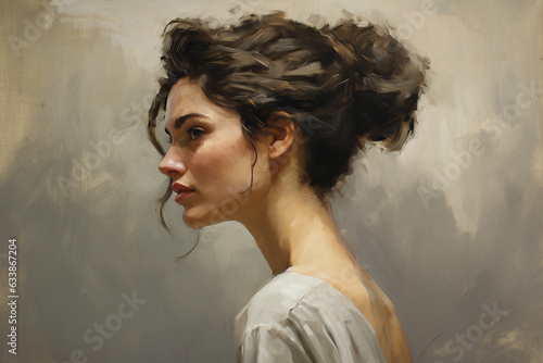 A side profile portrait showcasing the woman's determined expression 