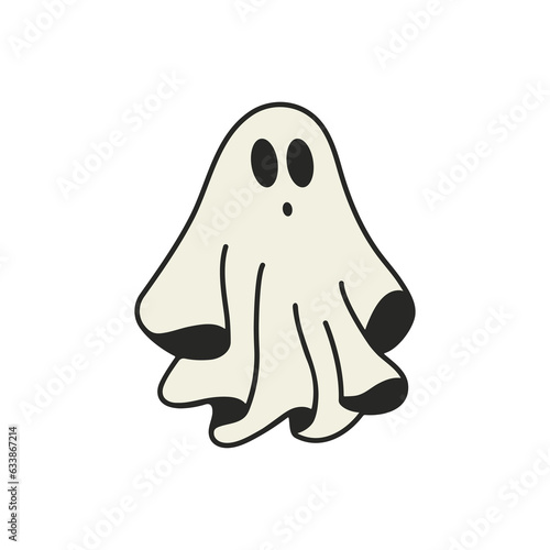 Spooky halloween ghost. Fly phantom spirit with scary face. Ghostly apparition in white fabric vector illustration photo